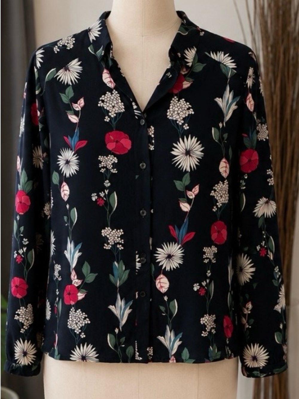 Marilou Floral Button-Up Shirt - Navy  with Pink Floral